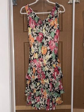 Sleeveless Floral Tiered Midi Dress in Pink, Green & Yellow